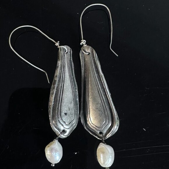 Genuine Pearls Antique Sterling Silver 925 Earrings Drop Dangle Repousse - Picture 6 of 9